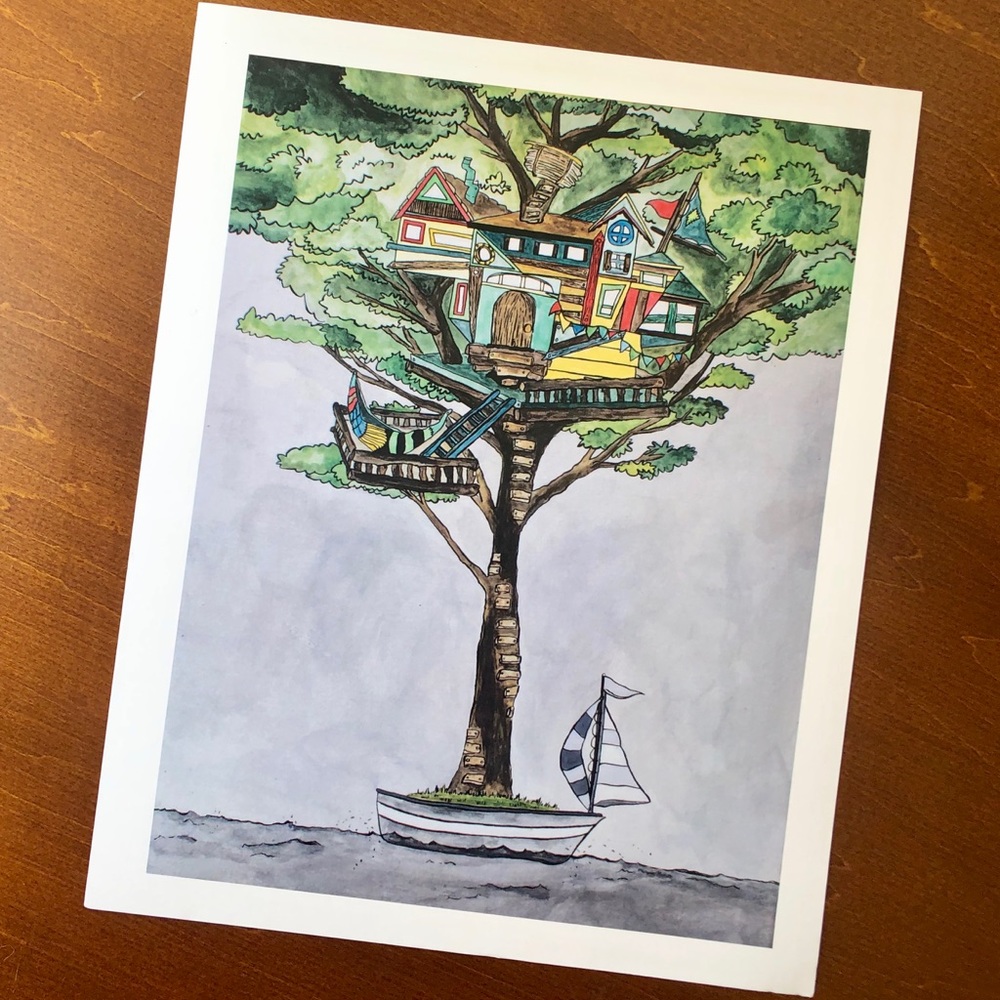 Whimsical treehouse boat wall art print